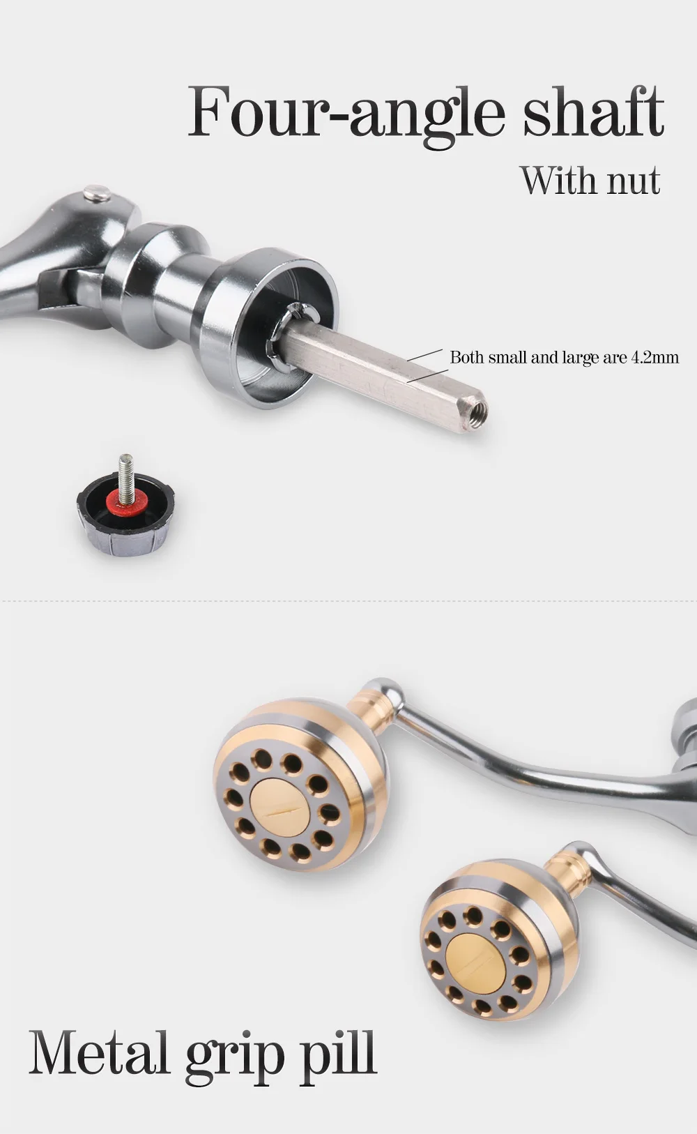 Mittelgroßer/großer, roségoldener, faltbarer Angelrollengriff mit vier Ecken, passend für S-Markenknöpfe, Spinnrollenbeschläge aus Metall – Detail 3