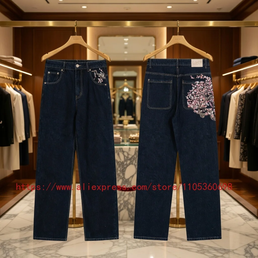 

Real Photo DERSCHUTZE Men's Dark Blue Wide Leg Jeans Cherry Blossom Embroidery Pocket Streetwear Loose Denim Pants