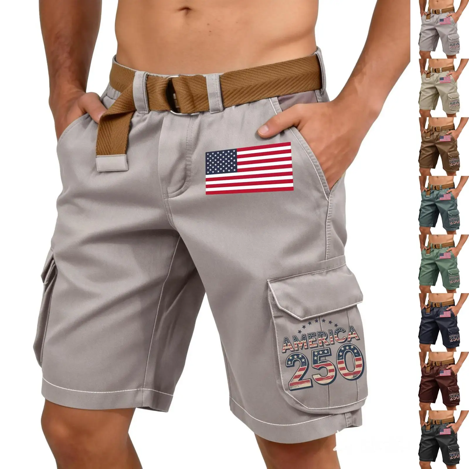 

Men Cargo Shorts Independence Day Casual Sport Multi Pocket Belted Waist Shorts Solid Color Summer Outdoor Hiking Shorts