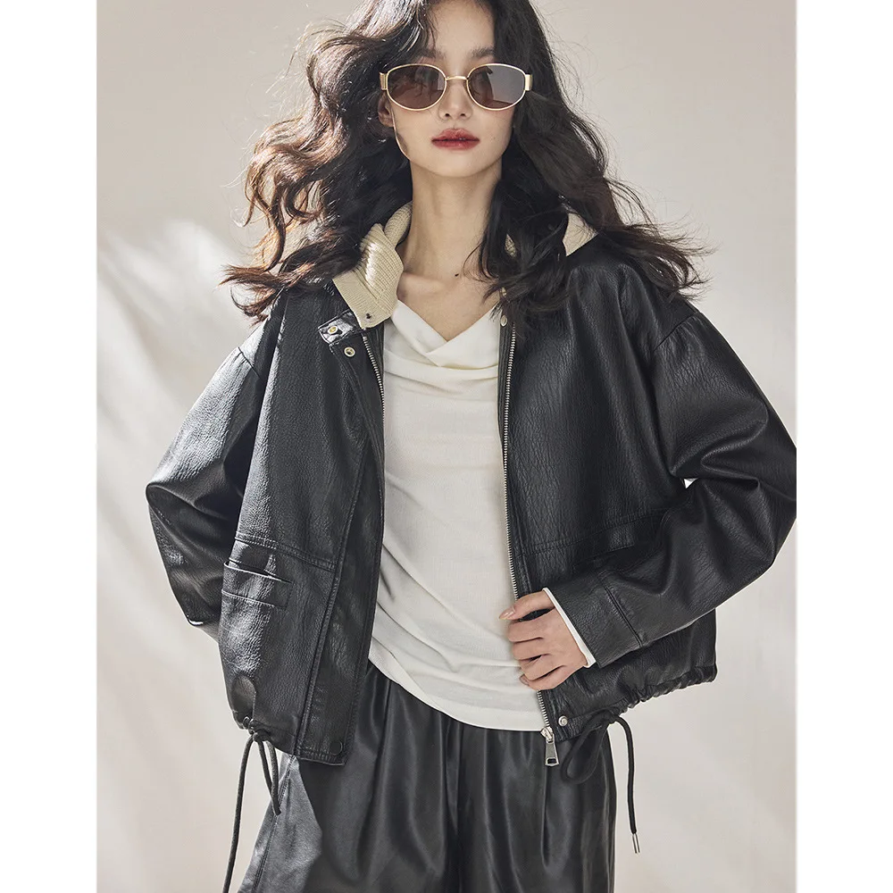 

Seondoo Loose Fit Retro Korean Style Women's Hooded Jacket Color Block PU Leather Coat Top Outerwear Spring 2026