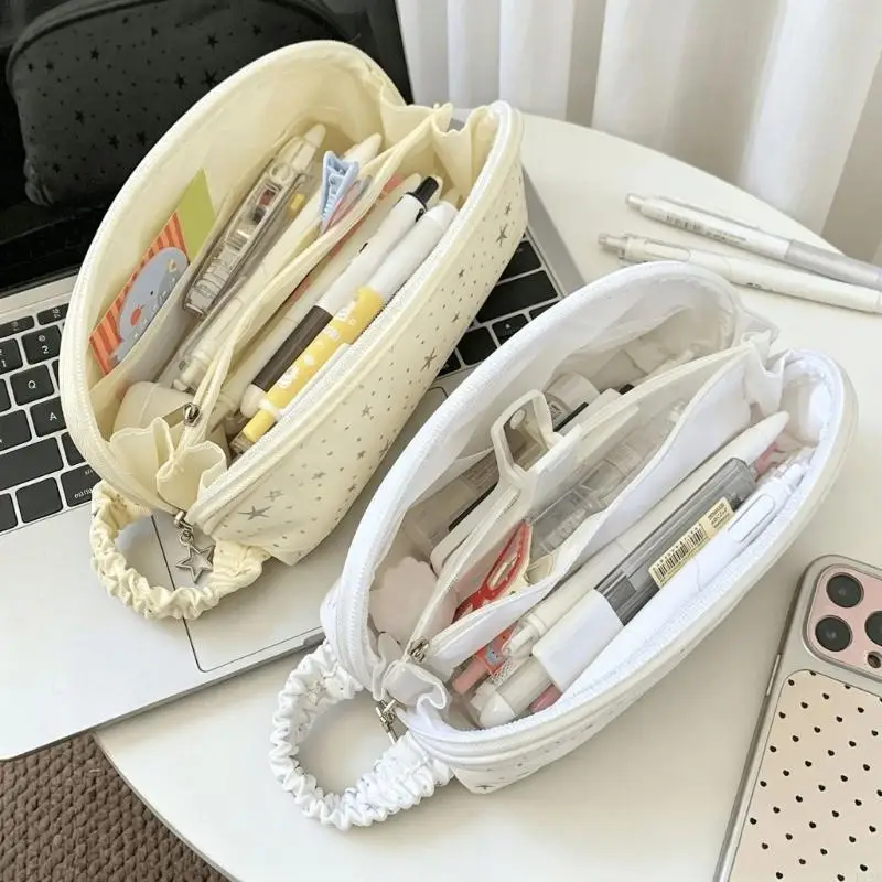 Star Print Fabric Shell Pen Case Large Opening Pencil Storage with Wide Zip Access for School Desk Use F19E