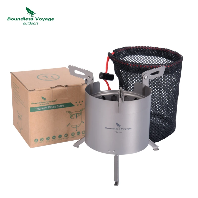 Boundless Voyage Camping Titanium Wood Stove With Removable Pot Stands Folding Legs Outdoor Double-wall Camping Furnace