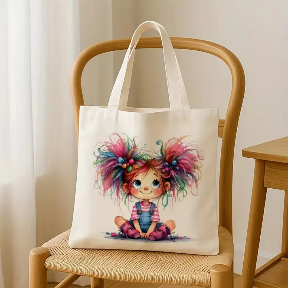 

Cute Cartoon Whimsical Messy Haired Girl Tote Bag - Washable Canvas Shopping Bag for Outdoor, Picnic, Party, Travel, Shopping