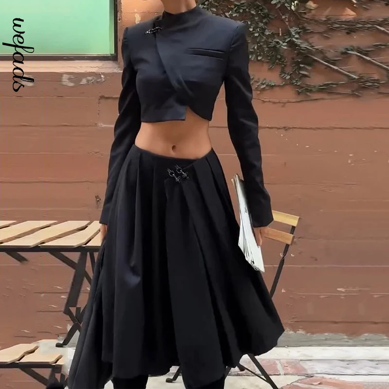 

Wefads Women Two Piece Set Autumn Fashion Solid Long Sleeve Round Neck Irregular Top Loose Slit Midi Dresses Sets Streetwear