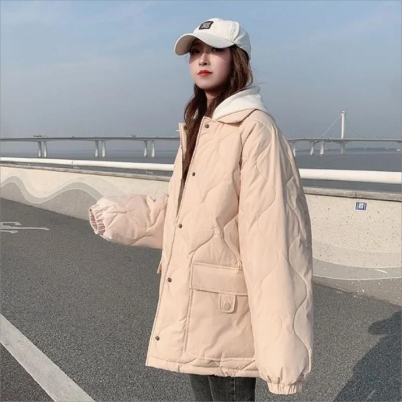 Women's Autumn and Winter New Loose Diamond Check Cotton-padded Jacket Lapel Cotton-padded Casual Jacket