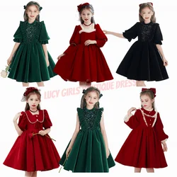 Cute Green Flower Girl Dress Velvet Half Sleeve Princess for Weddings Pageant Prom Kids Birthday GIFT First Communion Gowns