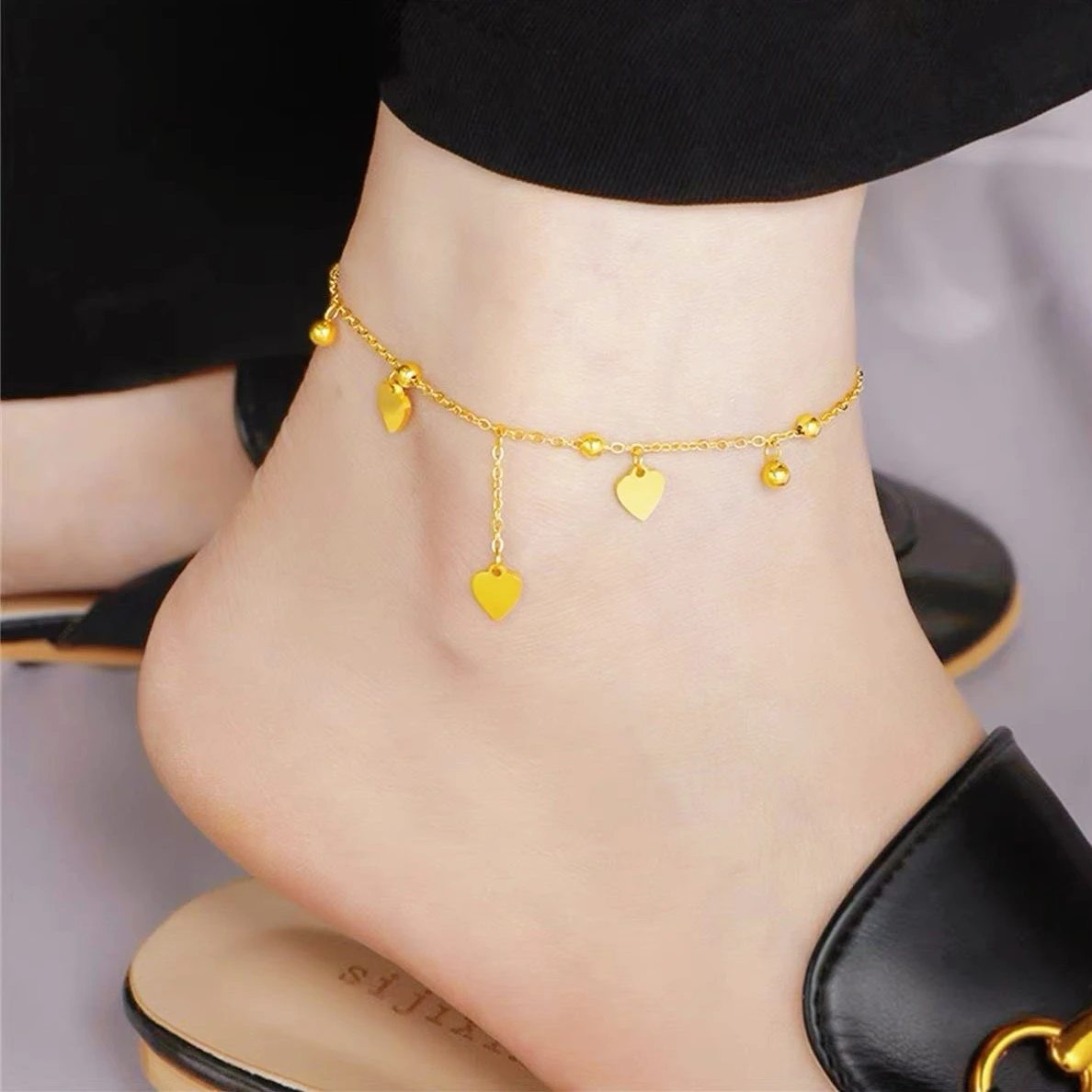 Sturdy Anti-Deformation Heart Bead Anklet For Women 24K Gold AU999 stable chain structure resisting daily pulling