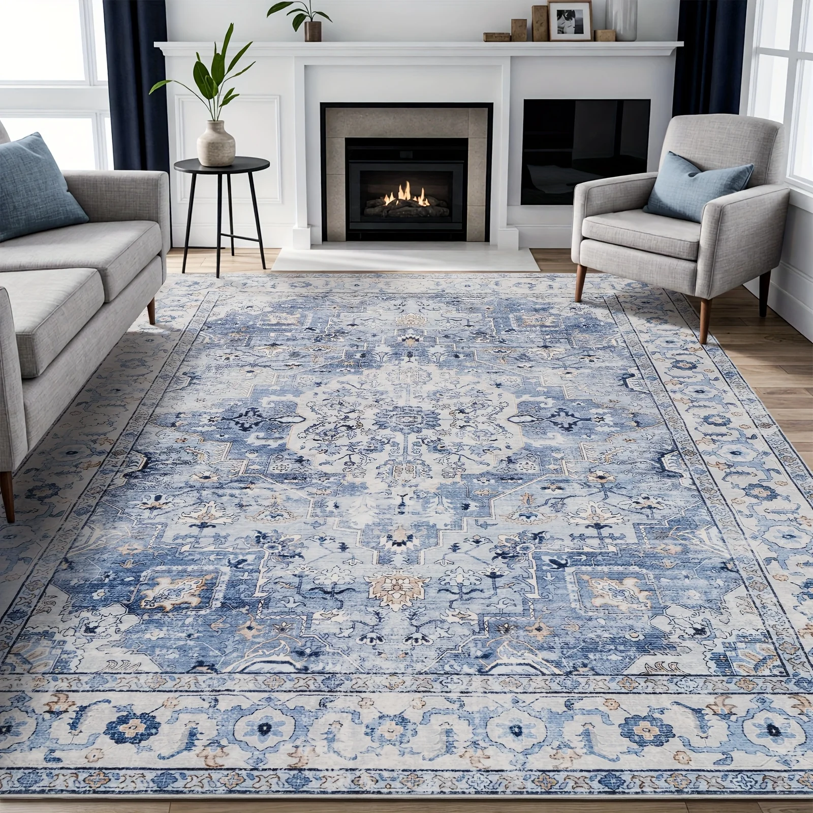 

1pc Washable Rug | Vintage Blue Faux Cashmere Rug - Soft, Machine Washable, Non-Slip, Perfect For Living Room, Bedroom,