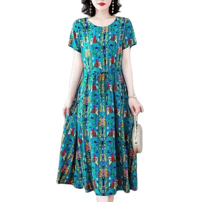 

Summer Middle-aged And Elderly Large Size Women's Dress Short Sleeve New Printed Skirt Fashion Middle-aged Lady Bottoming Skirt