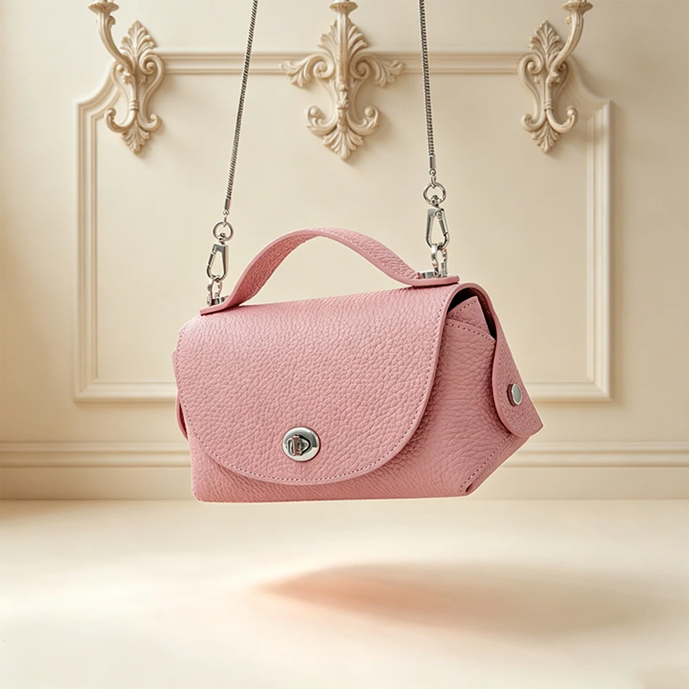 Women's Chic Crossbody Bag Top Grain Leather Mini with Chain Strap Trendy Flap Lock Versatile Phone Purse Handbag Multi Colors