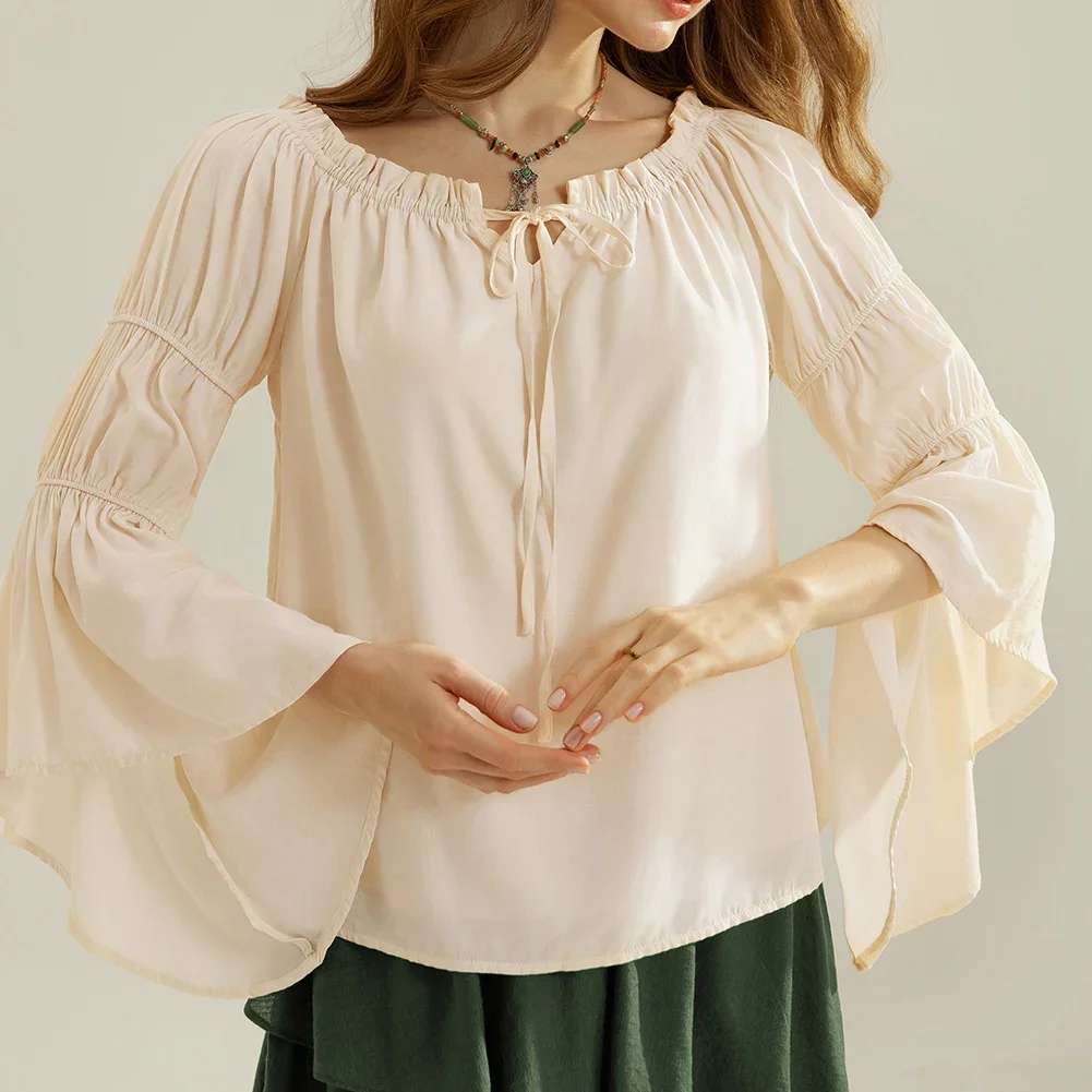 SD Women Blouse Vintage Renaissance Off Shoulder Tops Solid Color Fashion Long Virago Sleeve Straight Tops Blusa Feminina