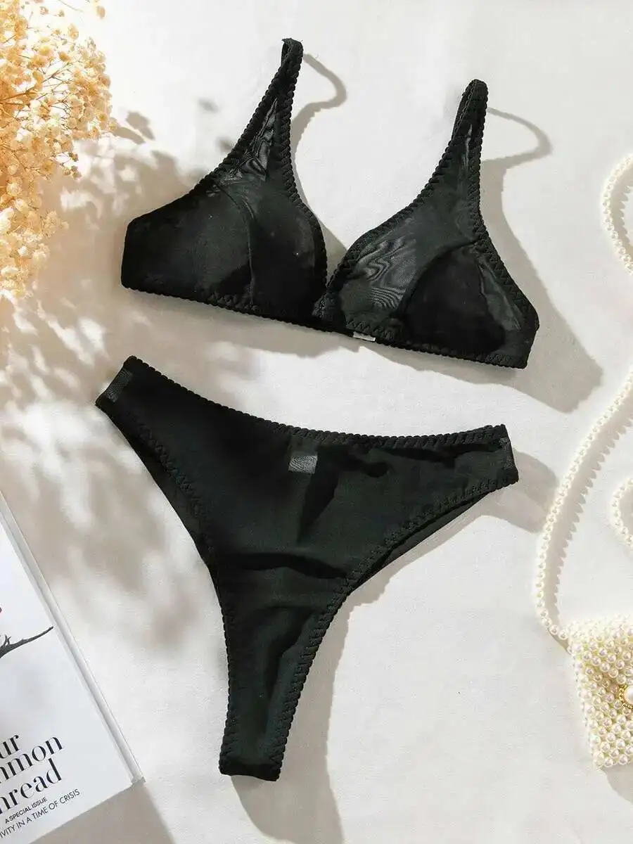 Seksowna Przezroczysta Bielizna z Siateczki Dwuczęściowe Komplety Damskie Falbanki Biustonosz Bez Pleców Głęboki Dekolt V Ramiączka Bez Rękawów Figi Zestawy Bikini W1ZD