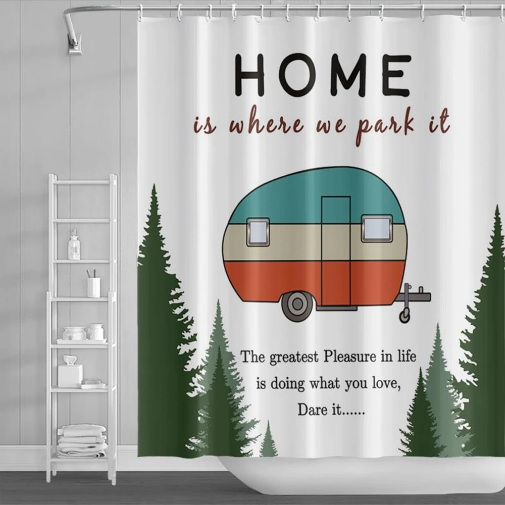 Camper Shower Curtain Happy Forest Adventure Pattern Kids Bathroon Bathtub Hanging Curtain Waterproof Polyester Fabric 12 Hooks