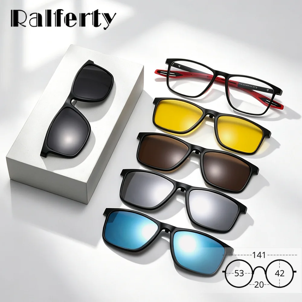 Ralferty TR90 5 In 1 Magnetic Sunglasses Men Women Clip On Glasses Polarized Anti Blue Light Square Optical Frame Night Driver