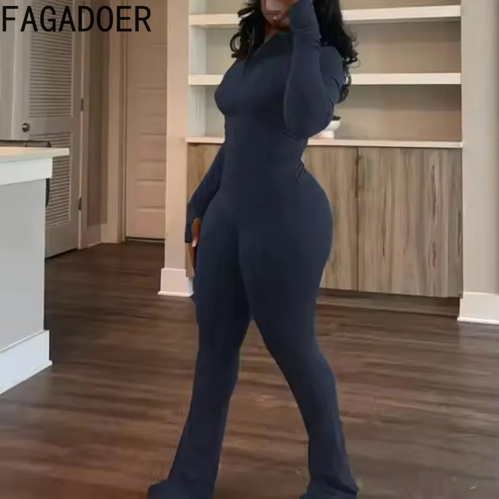 FAGADOER Casual Solid 2 Piece Set Outfit Women Long Sleeves Jacket and High Waist Flare Pants Sports Suits Autumn Winter New