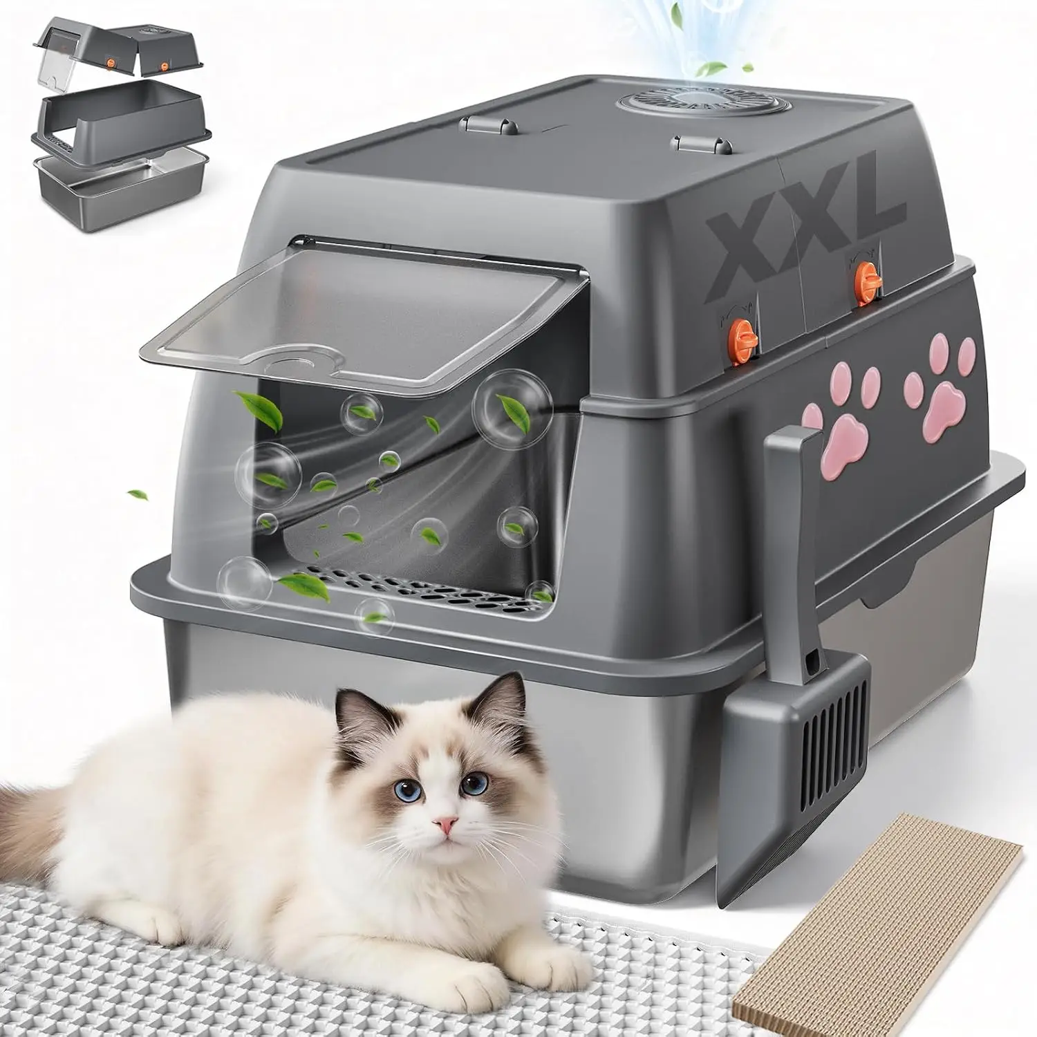 XXL Enclosed Cat Litter Box with Lid, Stainless Steel High-Sided Extra Large Metal Litter Box, Activated Carbon Odor Control, Anti-Leak Design, Includes Mat, Scoop & Stickers, Grey