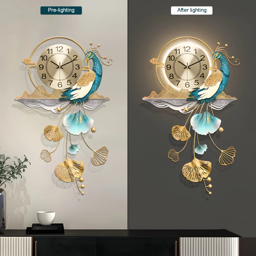 Large Peacock-Themed LED Wall Clock – 32.2 x 19.6 Inches Metal Decorative Clock with Silent Quartz Movement, Ideal for Living Ro view 8