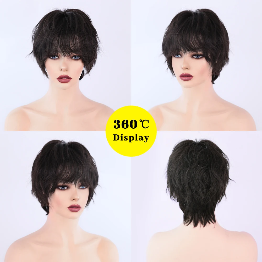 Neuter Style Black Short Hair Women Wig with Bangs Cool Girls Heat Resistant Synthetic Wig Fringe Party Daily Use Fake Hair