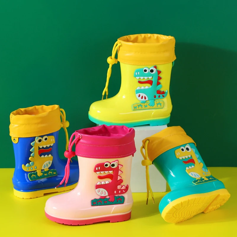 Children Rain Boots 3-13Y Solid EVA Non-slip Outdoor Cartoon Dinosaur Rain Boot Removable Drawstring Gaiter Waterproof Rain Boot