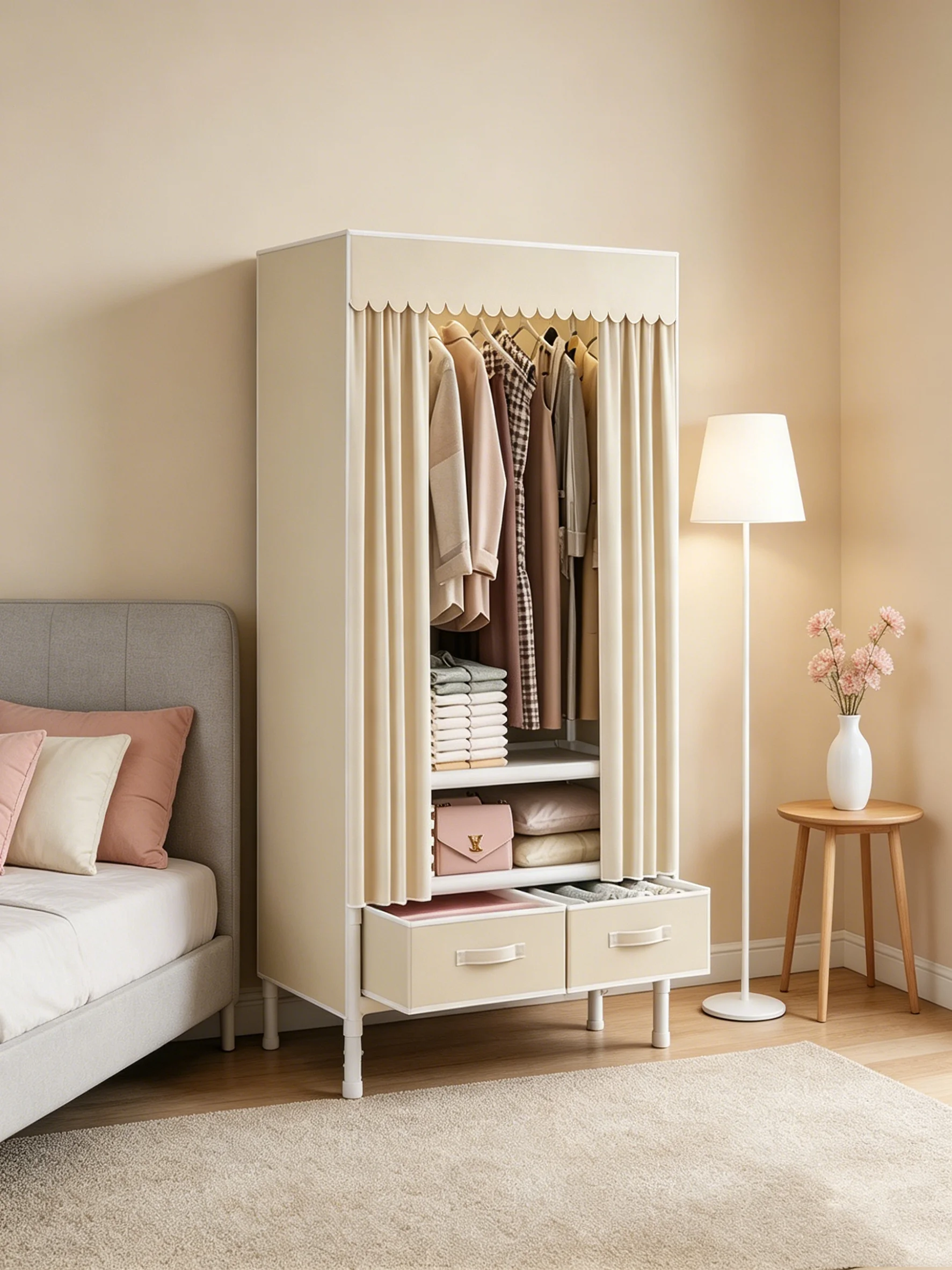 

Portable Wardrobe, 27-inch Retractable Curtain Door Closet, Non-woven Fabric Storage Unit with Hangers. Comes with 1 large hanging rod and 2 storage drawers, easy to assemble. Dimensions: 27.56 × 17.7 × 67.7 inches, Off-white