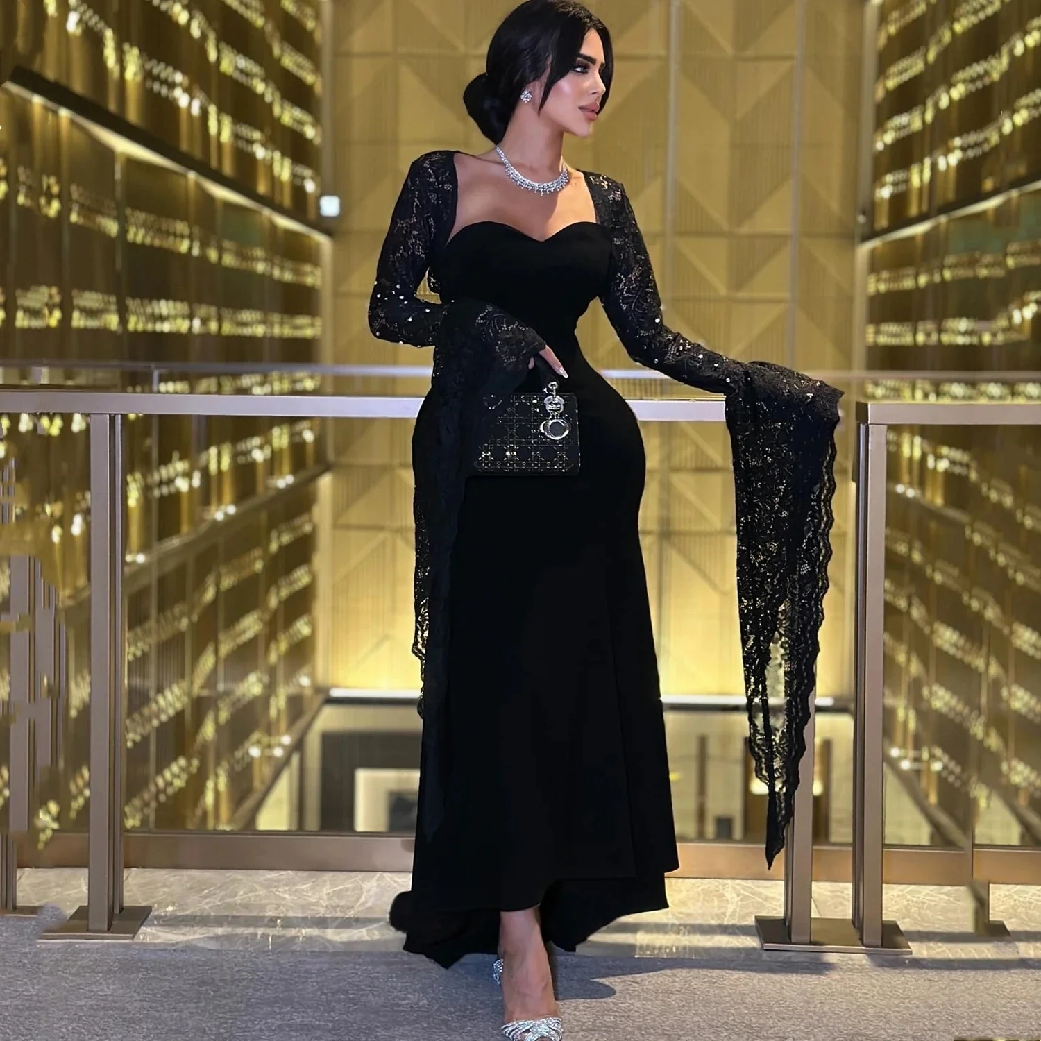 

Lace Black Long Sleeves Bespoke Occasion Gown Evening Dresses Prom Pastrol Unisex Jersey Retro Dubai Saudi Arabic Customized