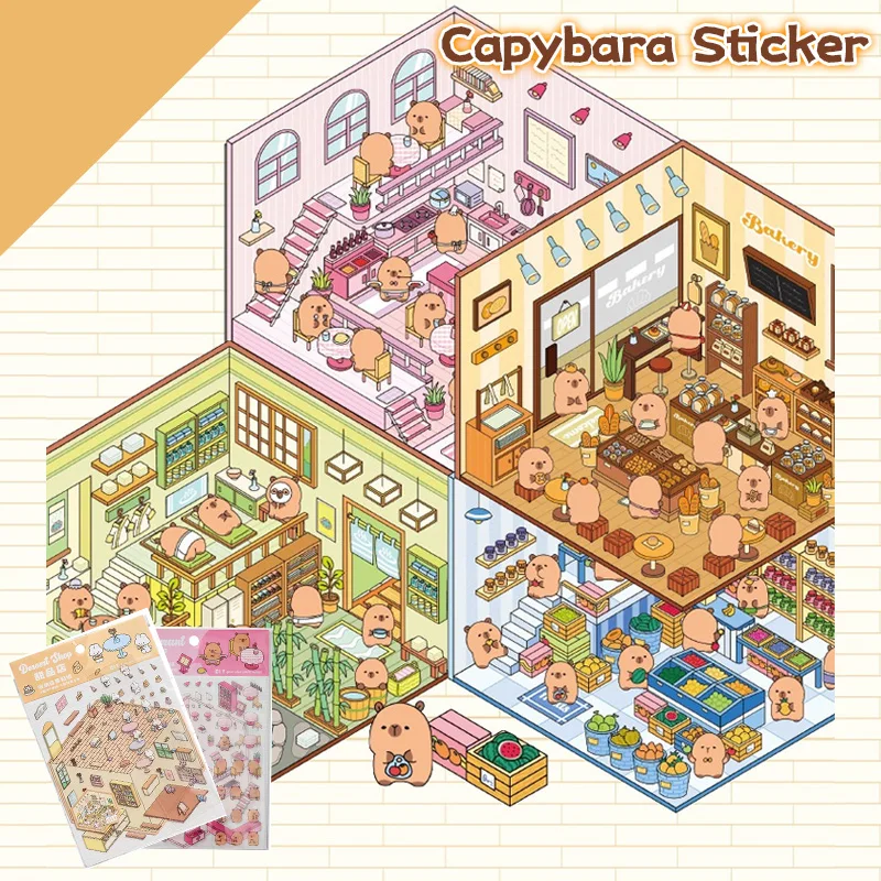 Kawaii كابيبارا ثلاثية الأبعاد المناظر الطبيعية ملصق الكرتون مشهد مصغر التراص البصرية ثلاثي الأبعاد لطيف ملصق يدوي الصنع هدية الكريسماس