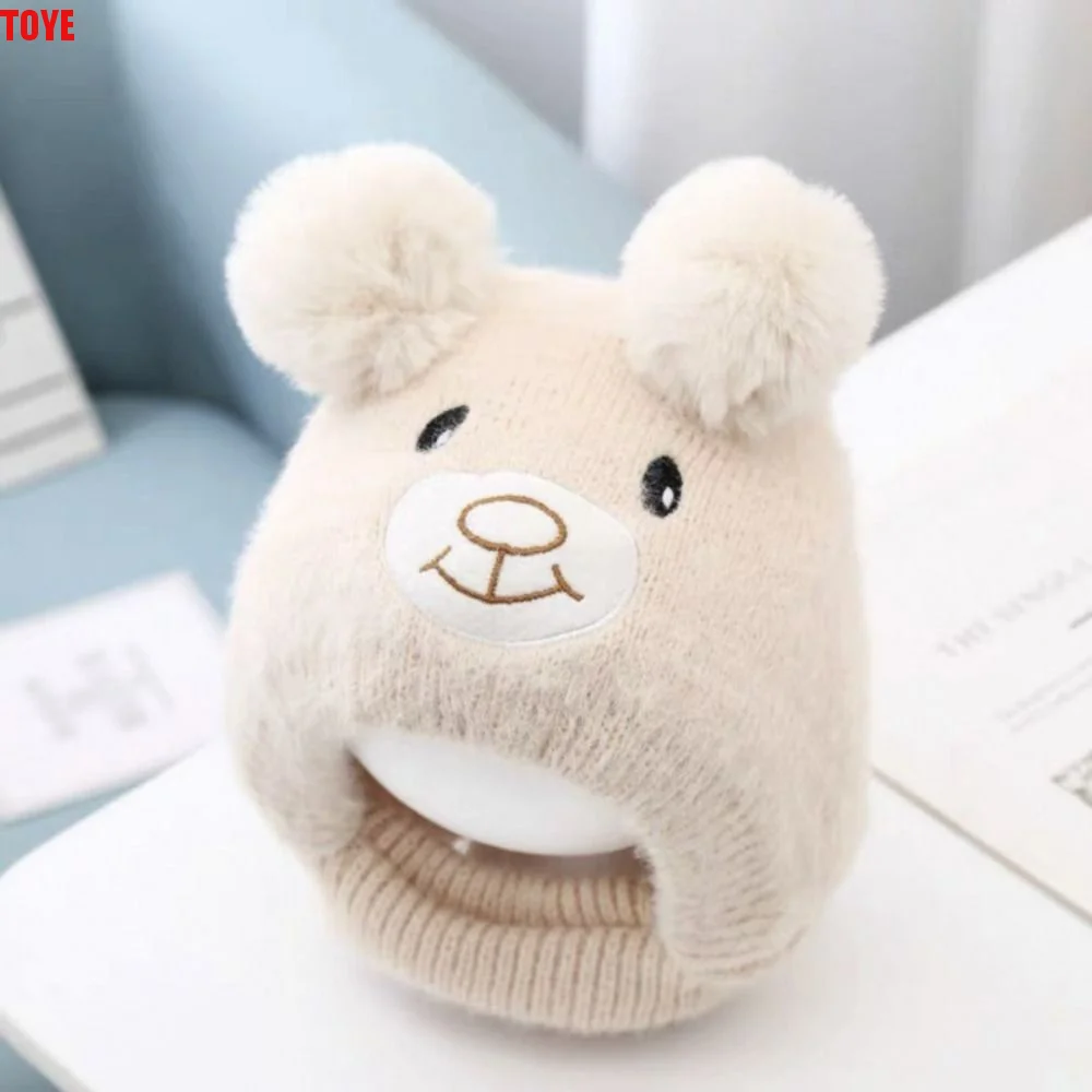 

Cute Bear Kids Ear Protection Hat Wool Neck Cover Baby Beanie Cap Skullies Solid Color Kids Crochet Hat Boys