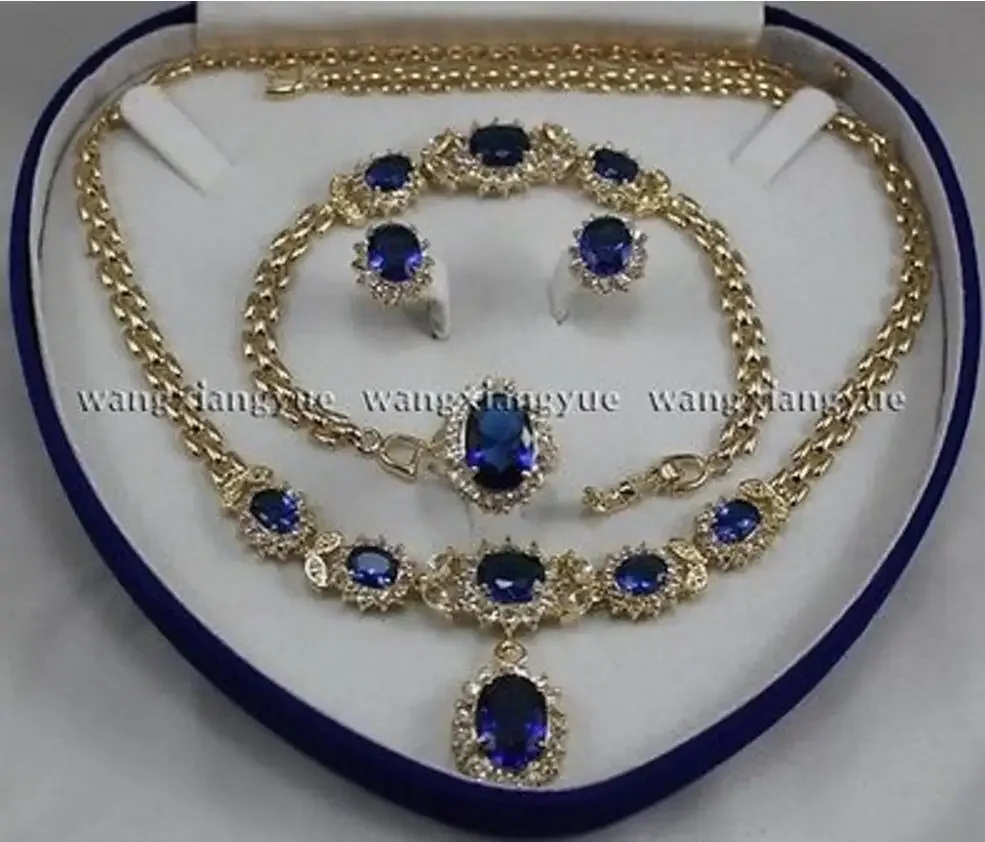 

Real Blue Zircon Inlay Link Bracelet earrings Ring Necklace Set