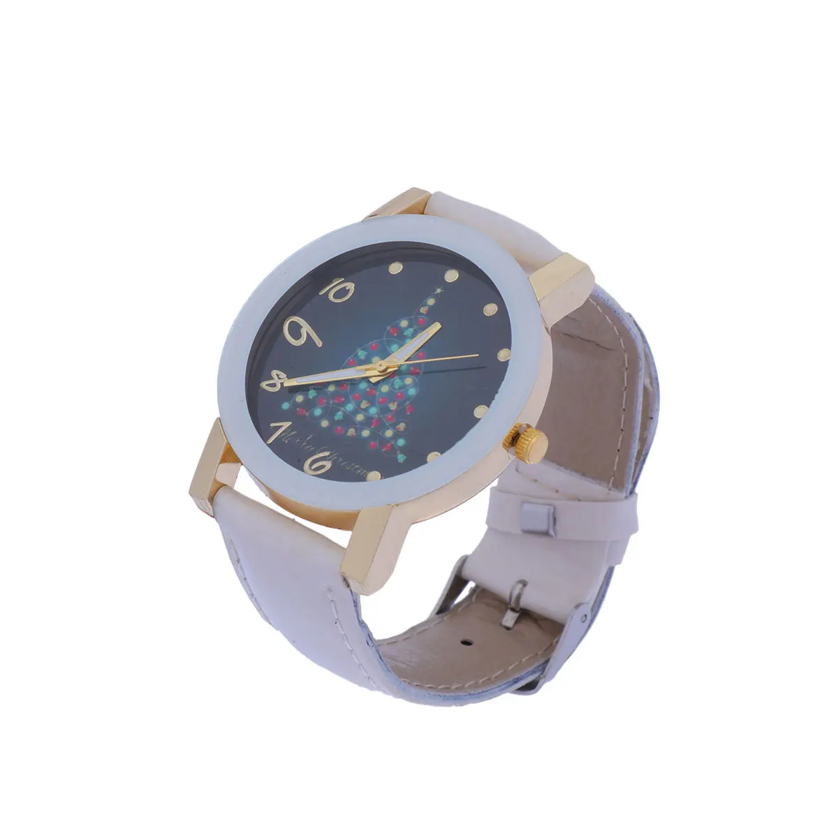 

Women Christmas Wristwatch White PU Band Quartz Watch Simple Fashion Adjustable Strap Durable Gift Choice