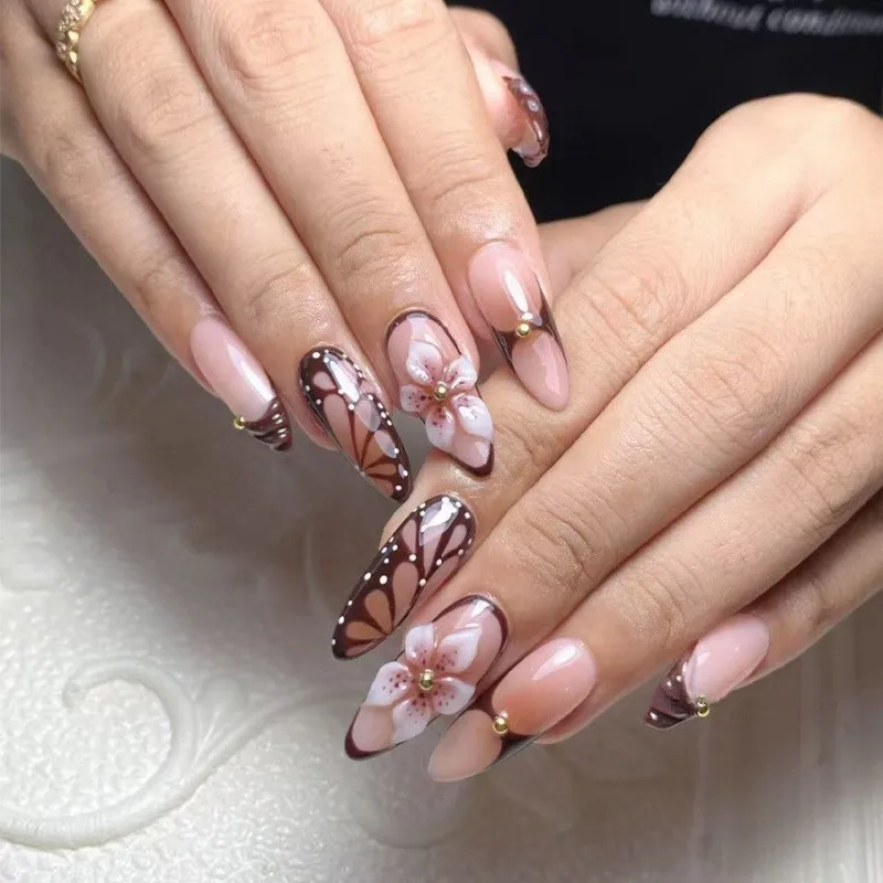 Almond Press On Nails Minimalist Black-Brown French Premium Nail Tips For Autumn And Winter Tones