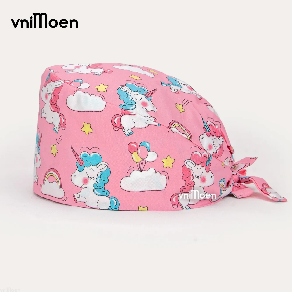 vnimoen Unisex cotton Cartoon print Scrub hat adjustable Scrub hat beauty salon cap lab pet shop With sweat towel Scrub Dust cap