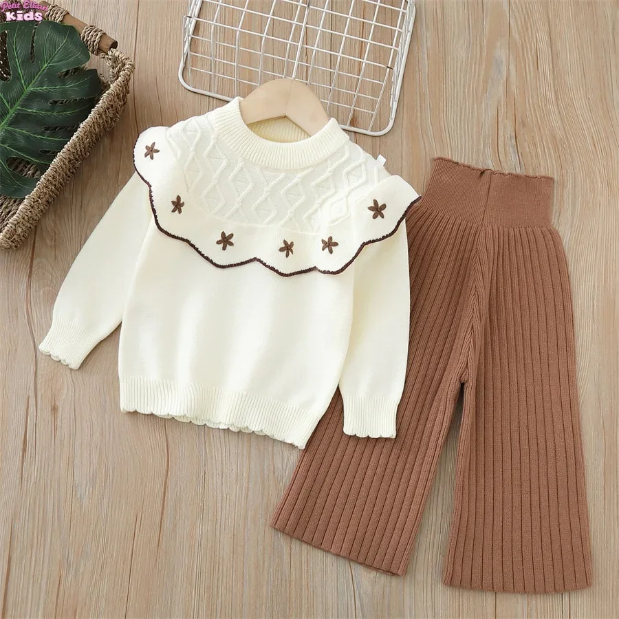 Girl Clothing Knitted Sets 2-6Y Clothes for Girls Handmade Star and Ruffled Collar Knit Sweater and Flared Pants Casual Outfit