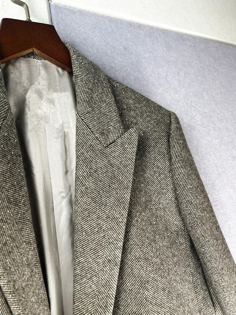 Blazer con motivo a spina di pesce da donna autunno inverno decorazione con diamanti giacca elegante da donna a maniche lunghe con bottone singolo dentellato