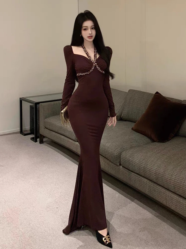RORORIRI Retro Patchwork Diamond Halter Dress Women Long Sleeves Pleated Slim Mermaid Bodycon One-piece Grayu Evening Party Gown