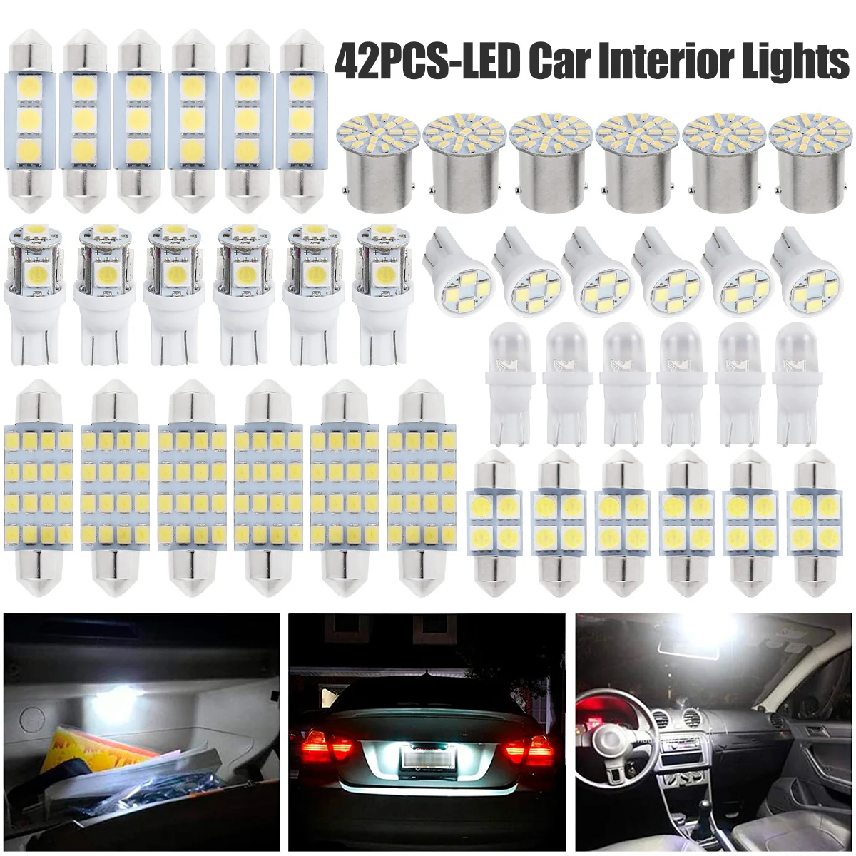 42Pcs LED Car Interior Lights T10 6000K SMD LED Xenon White Interior Light Bulbs Replacement License Plate Reading Light Bulb