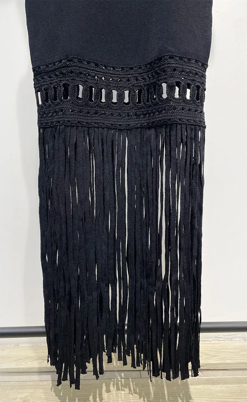 Wiosna Lato Nowa Modna Czarna Sukienka na Ramiączkach Dzianinowa Damska Elegancka Frędzle Okrągły Dekolt Dopasowana Bez Rękawów Szlafrok Domowy Damski