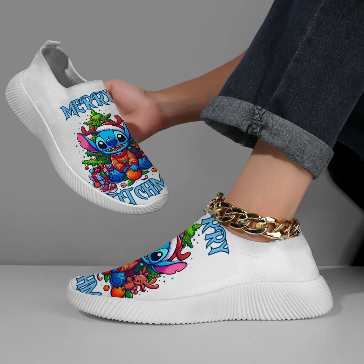 أزياء النساء أحذية رياضية غرزة عيد الميلاد الملونة الكرتون الانزلاق على ديزني المرأة أحذية رياضية أحذية المشي خفيفة الوزن #1