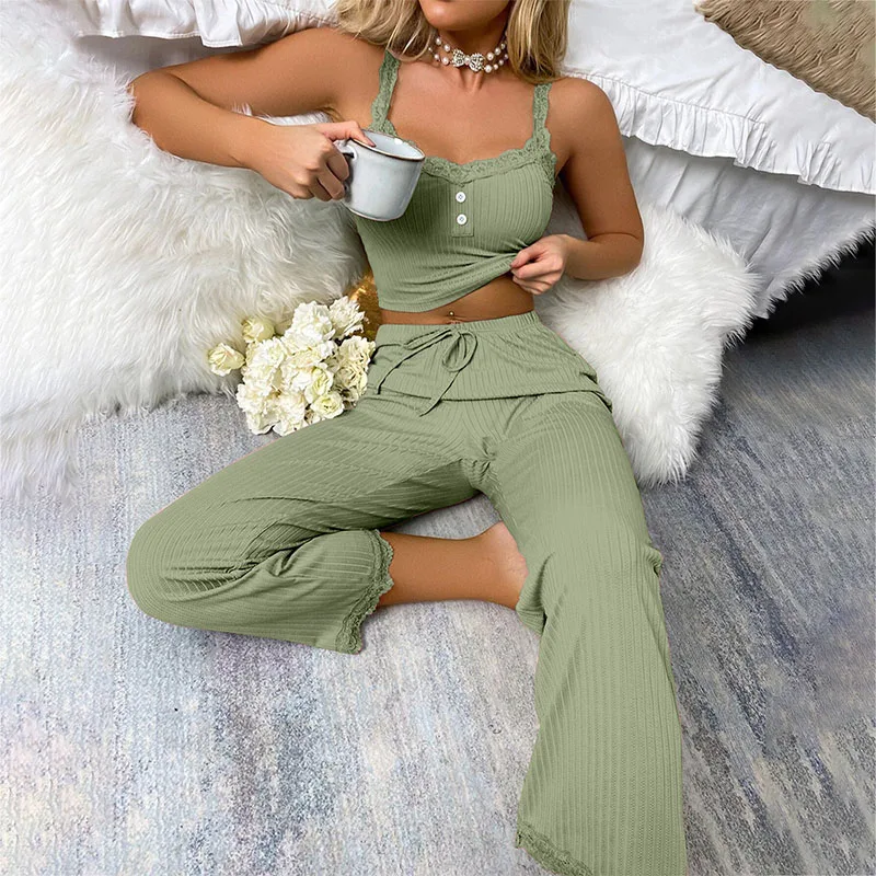 

New Women's Two-Piece Pajamas Set With Solid Color Lace Trim Sexy And Figure-Hugging Strappy Top And Long Pants Soft And Comf