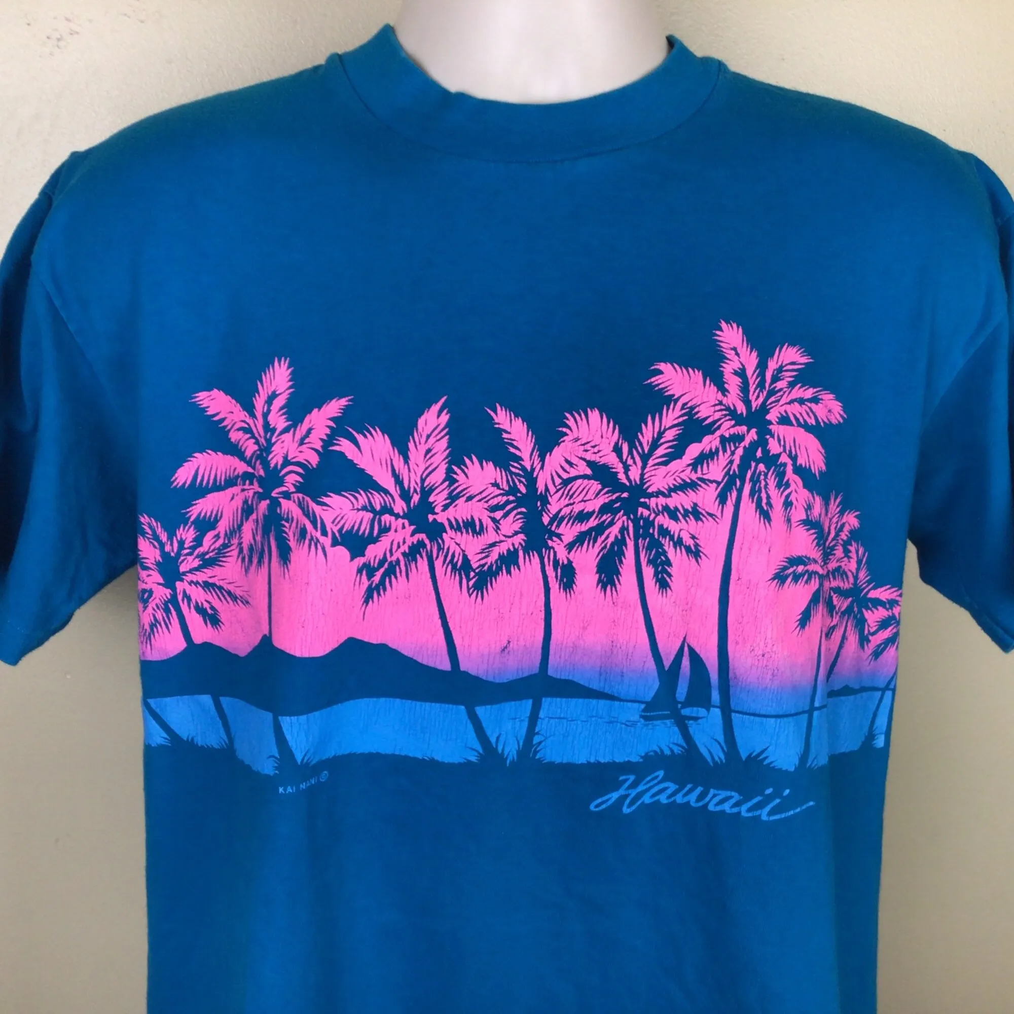 Vtg 80s camiseta hawaiana azul turquesa L Palmeras Playa velero Stedman destino turístico