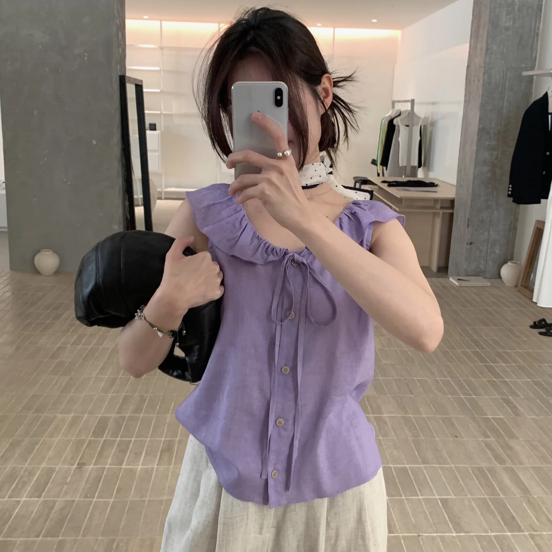 

Korean Style Thin Cotton Linen Vest with Belt And Lace Collar Slimming Design Women's Fashion Spring Shirt Short Sleeve