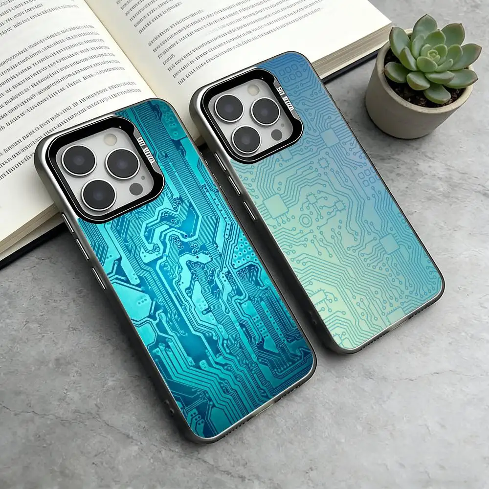 

C-Circuit Board Texture Phone Case For iPhone 17,16,15,14,13,12,11 Plus,Pro Max,XS,Colored Silver Plated Inside Cover