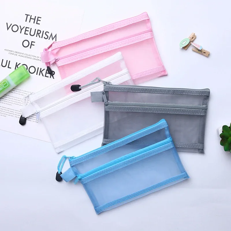 A4 A5 A6 Portable Double-layer Mesh Zipper File Bag Transparent Student Test Paper Data Storage Bag Office Files Stationery