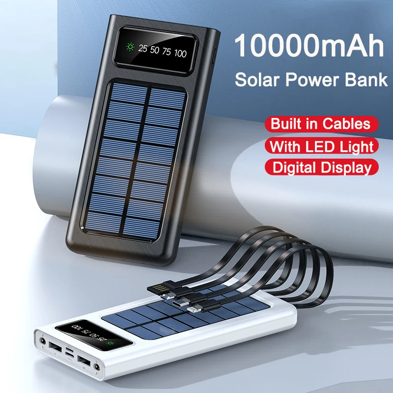 10000mAh Solar Power Bank Built in 4 Cable Powerbank Portable Charger External Battery Pack for iPhone Samsung Huawei P40 Xiaomi