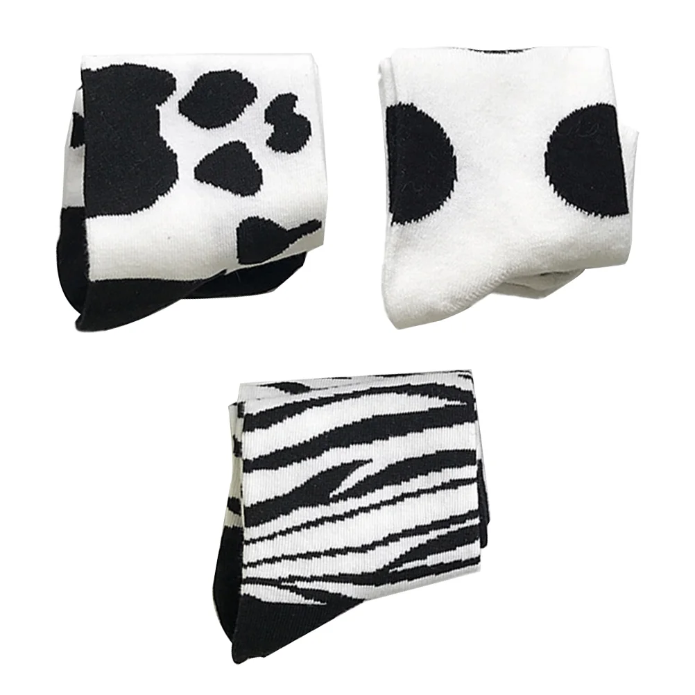 

3 Pairs Ladies Cotton Socks Soft Zebra Pattern Newborn Wear Resistant Mid-calf Length Cow Fashion