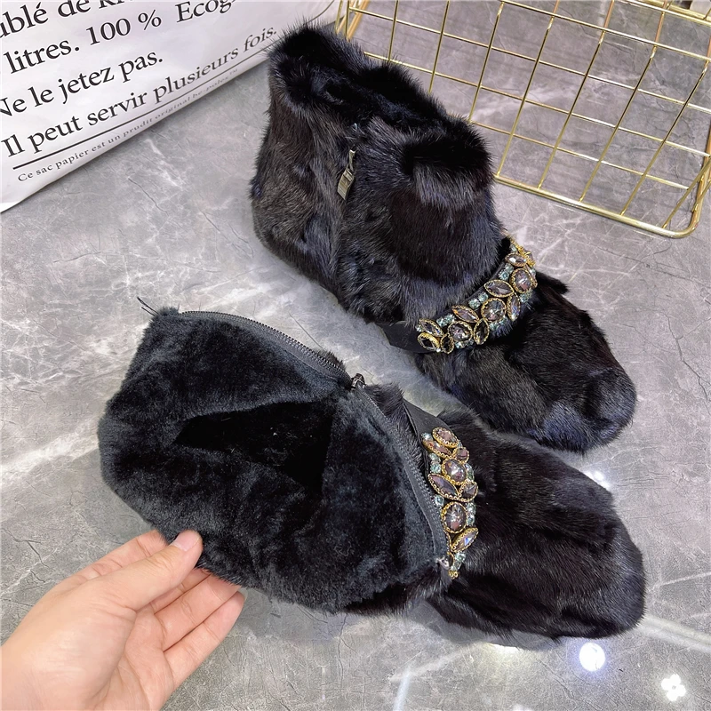 Black Women Furry Ankle Boots 2024 New Winter Warm Botas Femininas Mink Fur Snow Boot Flat Shoes Platform Creepers