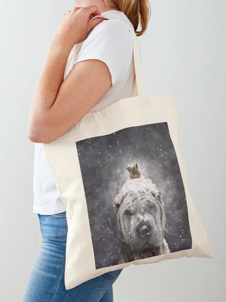 Shar Pei and Mouse in the snow Tote Bag tote bags aesthetic women bag Canvas stote bag shopping cart bags Canvas Tote