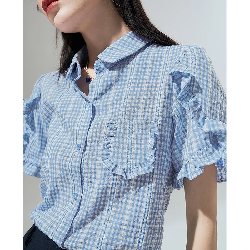 Toyouth Women Shirts 2023 Summer Puff Short Sleeves Polo Neck Fit Well Blouse Jacquard Lace Blue Cute Chic Streetwear Tops