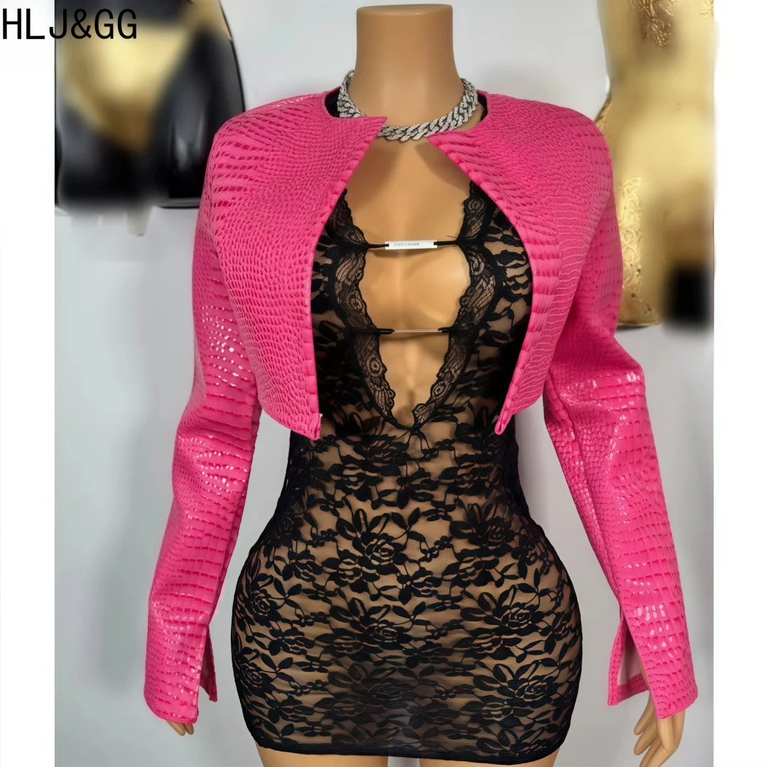 

HLJ&GG Fashion Hot Girl Leather Jacket Two Piece Sets Women Lace See Though Hollow Bodycon Mini Dress And Long Crop Top Outfit