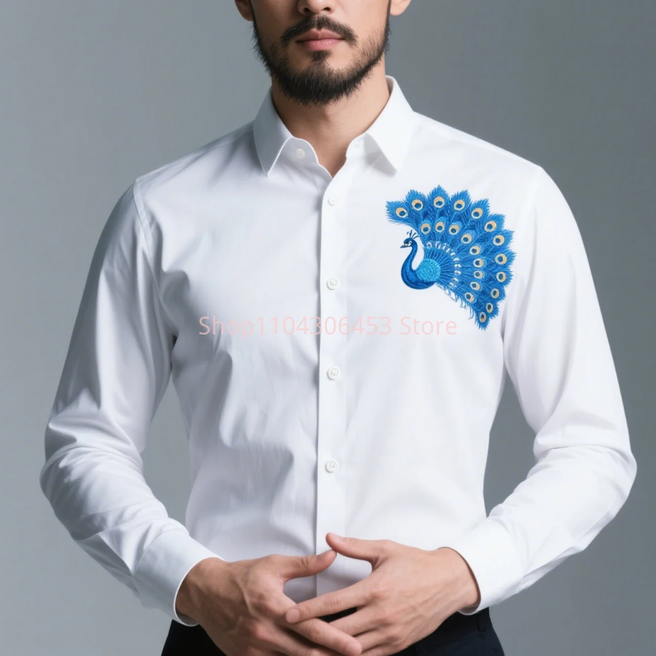 秋メンズ白シャツ孔雀の羽プリントシャツハワイアンカジュアル長袖ラペルシャツビジネスシンプルパーティーフォーマルトップ