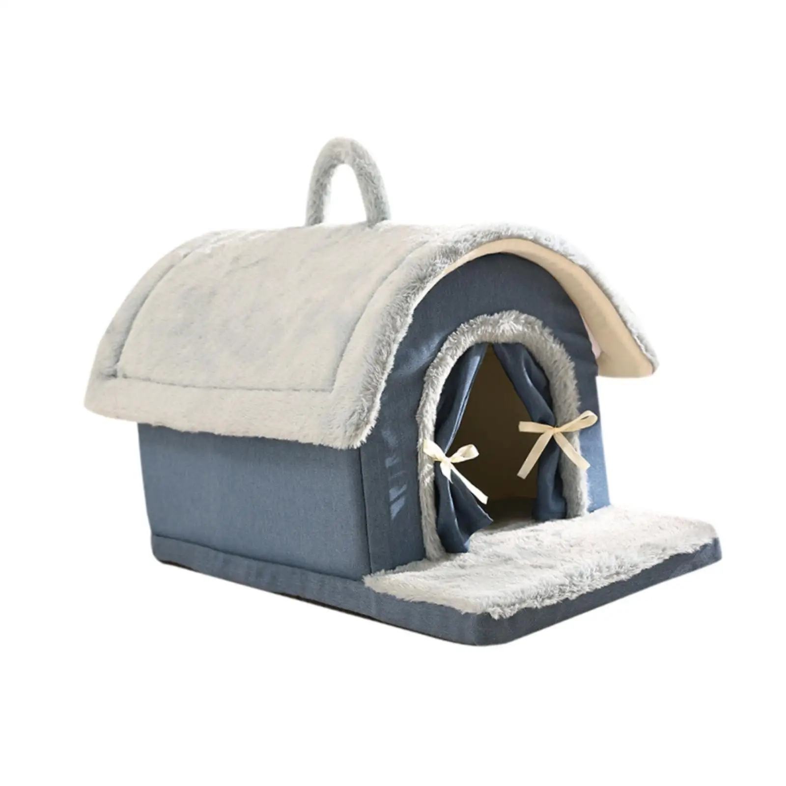 Cat Cave Bed Plush Denim Small Dog Cave Detachable Enclosed Cat Tent Washable Warm for Indoor Cats Dogs